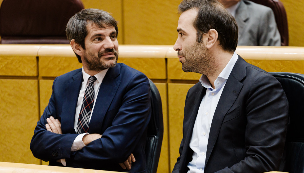 Archivo - El ministro de Cultura, Ernest Urtasun (i) y el ministro de Economía, Comercio y Empresa, Carlos Cuerpo (d), durante una sesión plenaria en el Senado, a 25 de noviembre de 2025, en Madrid 