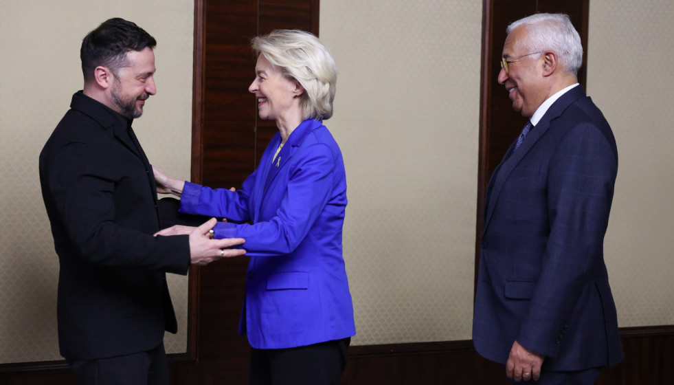 Archivo - El presidente de Ucrania, Volodimir Zelenski, recibe en Kiev a la presidenta de la Comisión Europea, Ursula von der Leyen, y al presidente del Consejo Europeo, António Costa