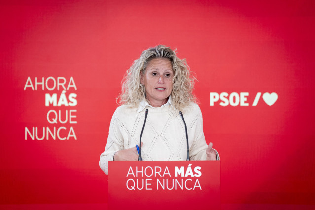 La portavoz de la Ejecutiva Federal del PSOE, Montse Mínguez, durante una rueda de prensa en la sede nacional del partido en Ferraz, a 16 de marzo de 2026, en Madrid (España).