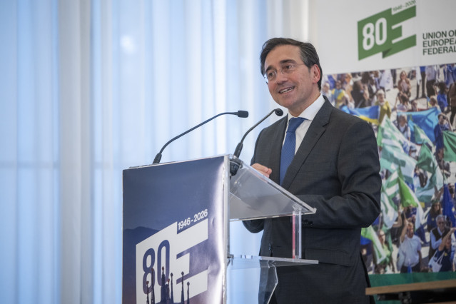 El ministro de Asuntos Exteriores, José Manuel Albares, interviene durante la sesión inaugural de la Unión de Federalistas Europeos, a 20 de marzo de 2026, en Barcelona, Catalunya (España).