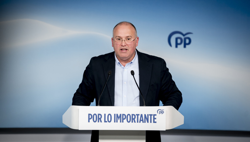 El secretario general del Partido Popular, Miguel Tellado, durante una rueda de prensa en la sede nacional del PP, en Madrid.