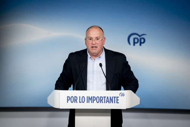 El secretario general del Partido Popular, Miguel Tellado, durante una rueda de prensa en la sede nacional del PP, en Madrid.