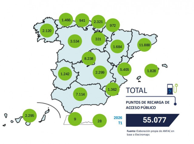 Mapa de puntos de recarga de automóviles a marzo de 2026