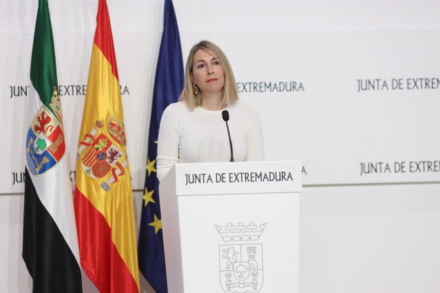 La presidenta de la Junta de Extremadura en funciones, María Guardiola, durante el fallo del XIX Premio Europeo Carlos V en la Presidencia de la Junta de Extremadura, a 8 de abril de 2026, en Mérida, Extremadura (España).