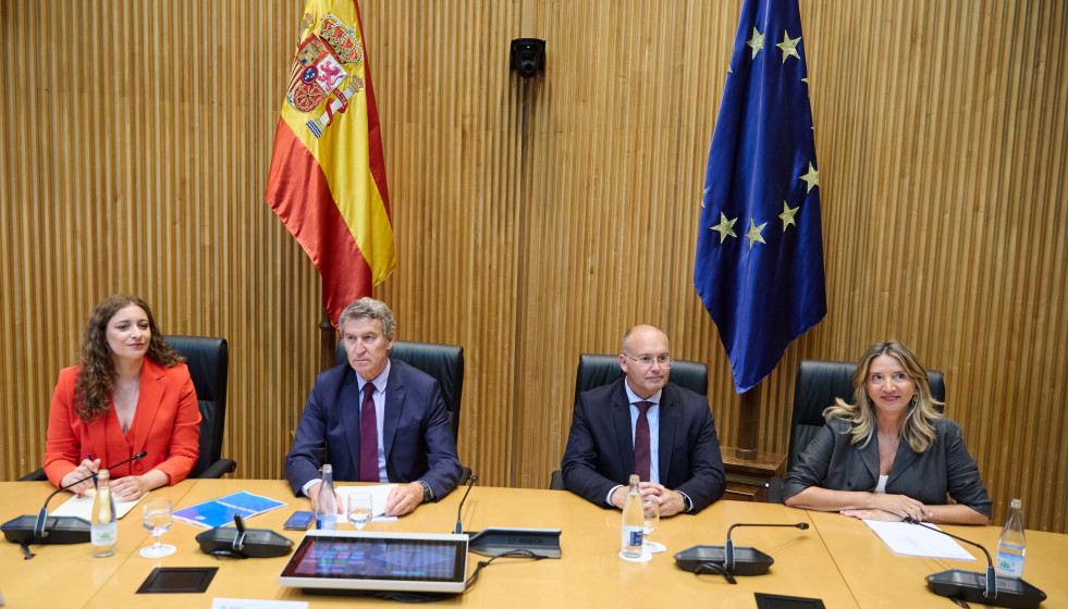Archivo - La portavoz del PP en el Congreso, Ester Muñoz; el presidente del PP, Alberto Núñez Feijóo; el secretario general del PP, Miguel Tellado, y la portavoz del PP en el Senado, Alicia Garcí