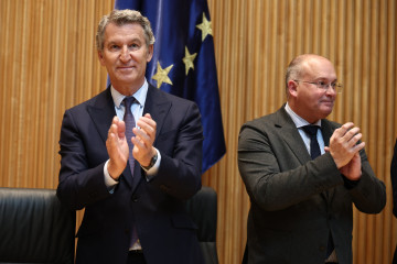 El presidente del Partido Popular, Alberto Núñez Feijóo (i), y el secretario general del PP, Miguel Tellado (d), durante la reunión plenaria de los Grupos Parlamentarios del Partido Popular del Co