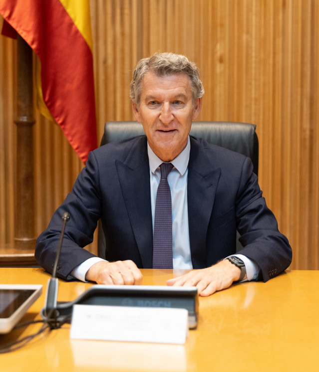 El presidente del Partido Popular, Alberto Núñez Feijóo, durante la reunión plenaria de los Grupos Parlamentarios del Partido Popular del Congreso y del Senado, en el Congreso de los Diputados, a 14 de abril de 2026, en Madrid (España).