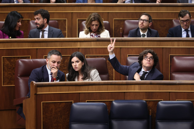 El presidente de Vox, Santiago Abascal, la portavoz de Vox en el Congreso, Pepa Millán, y el diputado de Vox, José María Figaredo, durante un pleno en el Congreso de los Diputados, a 15 de abril de 2026, en Madrid (España).
