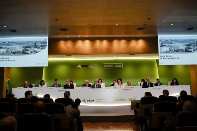 El presidente y consejero delegado de Aena, Maurici Lucena, durante la Junta general de Accionistas de Aena, a 16 de abril de 2026, en Madrid (España).