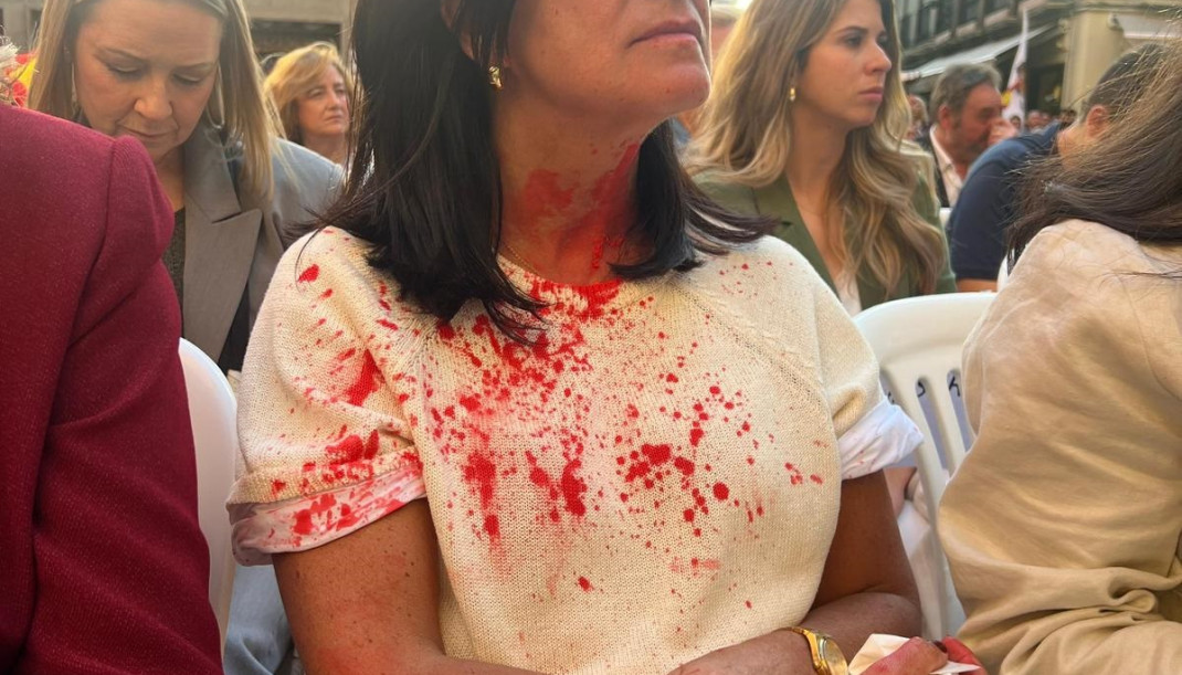 María Ruiz, diputada y vicesecretaria de Organización de Vox ha sufrido los impactos de bolas de pintura roja antes del comienzo del acto de Vox en Granada.