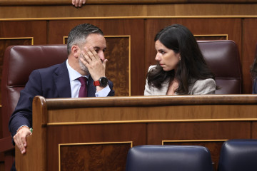 El presidente de Vox, Santiago Abascal, y la portavoz de Vox en el Congreso, Pepa Millán, durante un pleno en el Congreso