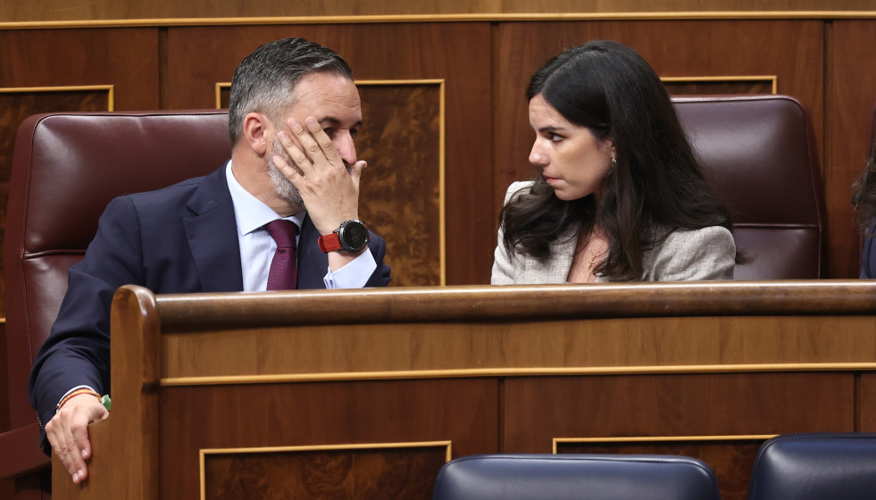 El presidente de Vox, Santiago Abascal, y la portavoz de Vox en el Congreso, Pepa Millán, durante un pleno en el Congreso