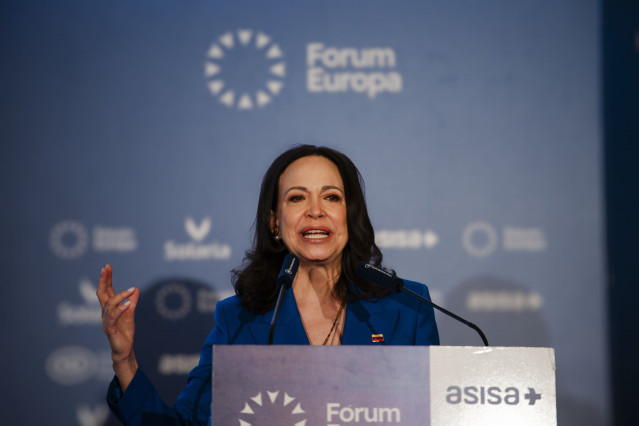 La líder opositora venezolana, María Corina Machado, durante un desayuno informativo organizado por Fórum Europa, en el Four Seasons, a 20 de abril de 2026, en Madrid (España).