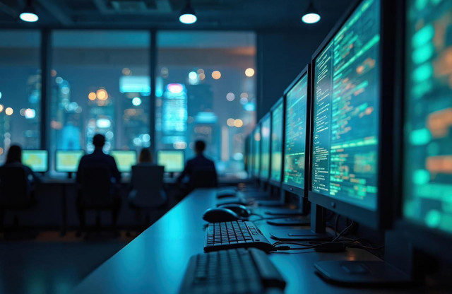 Archivo - Pantallas de ordenador en una oficina.