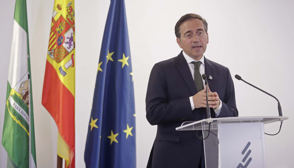 El  Ministro de Asuntos Exteriores, Unión Europea y Cooperación, José Manuel Albares, en una comparecencia a los medios durante una visita al Campo de Gibraltar para explicar el tratado con Reino U