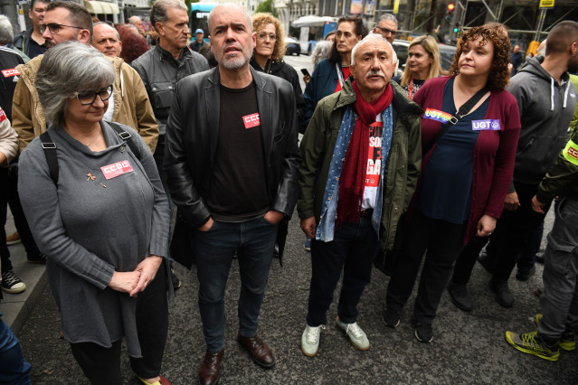 Archivo - (I-D) La secretaria CCOO de la Comunidad de Madrid, Paloma López; el secretario general de CCOO, Unai Sordo; el secretario general de UGT, Pepe Álvarez y la secretaria general de UGT Madrid, Susana Huertas.