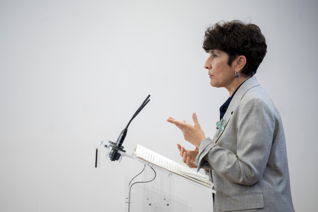 La portavoz del PNV en el Congreso, Maribel Vaquero, durante una rueda de prensa en el Congreso de los Diputados, a 28 de abril de 2026, en Madrid (España).