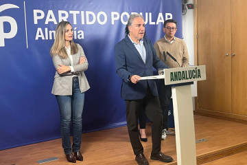 El vicesecretario de Política Autonómica y Municipal del PP, Elías Bendodo, en rueda de prensa en Almería.