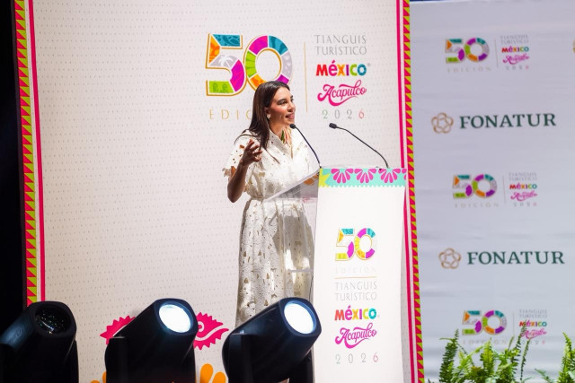 La secretaria de Turismo de México, Josefina Rodríguez Zamora, interviene en el Tianguis Turístico México 2026.