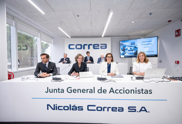 Junta General de Accionistas de Grupo Correa, 28 de abril 2026. Izq. A dch. Desde arriba: Alfredo Sáenz Abad, Borja Oria Riu, Rafael Miranda Robredo, Jaime Nicolás-Correa Vilches, Ana Nicolás-Correa Barragán, Bibiana Nicolás-Correa Vilches y Carmen Pinto.