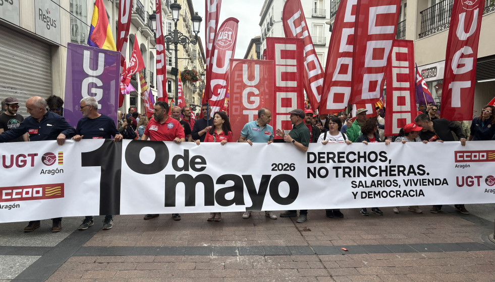 Cabecera de la manifestación de CCOO y UGT en Zaragoza con motivo del 1 de Mayo.