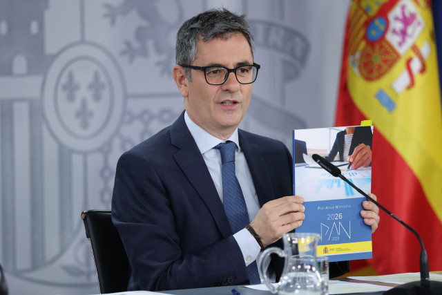 El ministro de la Presidencia, Justicia y Relaciones con las Cortes, Félix Bolaños, durante la rueda de prensa posterior al Consejo de Ministros, a 5 de mayo de 2026, en Madrid (España). El Gobierno ha aprobado hoy en Consejo de Ministros la ampliación de