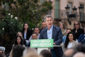 El presidente del PP, Alberto Núñez Feijóo, en el mitin celebrado hoy en Guadix, Granada.