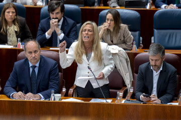La consejera de Economía, Hacienda y Empleo de la Comunidad de Madrid, Rocío Albert (c), durante el Pleno de la Asamblea de Madrid