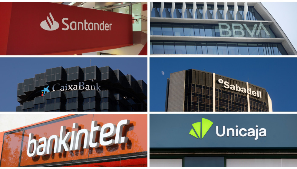 Archivo - Logos de Banco Santander, BBVA, CaixaBank, Banco Sabadell, Bankinter y Unicaja