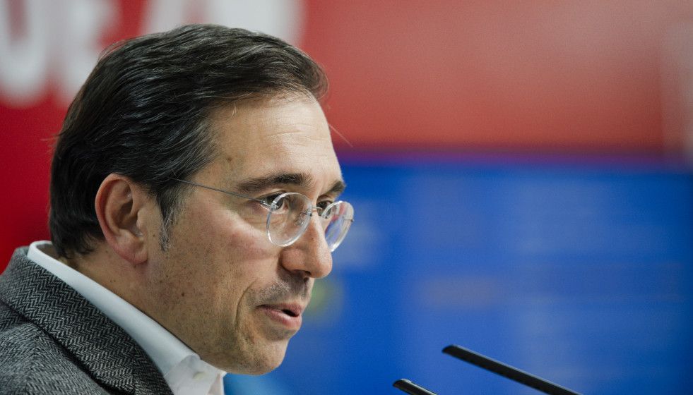 El ministro de Asuntos Exteriores, Unión Europea y Cooperación, José Manuel Albares, durante la jornada 'La Europa que soñamos, la Europa que defendemos', en la sede del PSOE-M, a 8 de mayo de 202