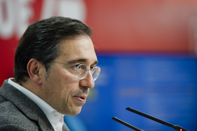 El ministro de Asuntos Exteriores, Unión Europea y Cooperación, José Manuel Albares, durante la jornada 'La Europa que soñamos, la Europa que defendemos', en la sede del PSOE-M, a 8 de mayo de 2026, en Madrid (España). La jornada se enmarca dentro de los
