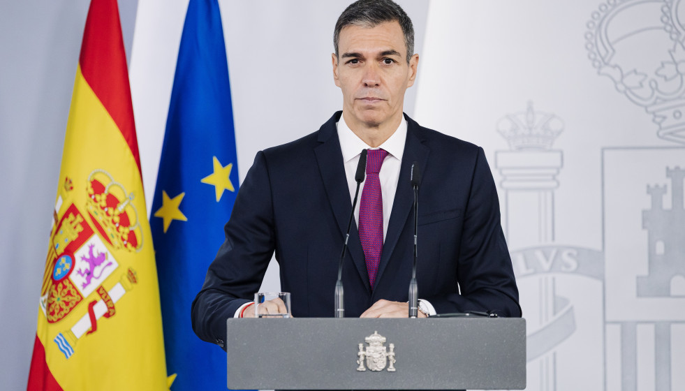 El presidente del Gobierno, Pedro Sánchez durante una rueda de prensa junto al director general de la Organización Mundial de la Salud (OMS), Tedros Adhanom, en el Palacio de la Moncloa, a 12 de may