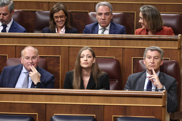 El secretario general del PP, Miguel Tellado, la portavoz del PP en el Congreso, Ester Muñoz y el presidente del PP, Alberto Núñez Feijóo, durante una sesión plenaria en el Congreso, a 29 de abril de 2026, en Madrid (España).
