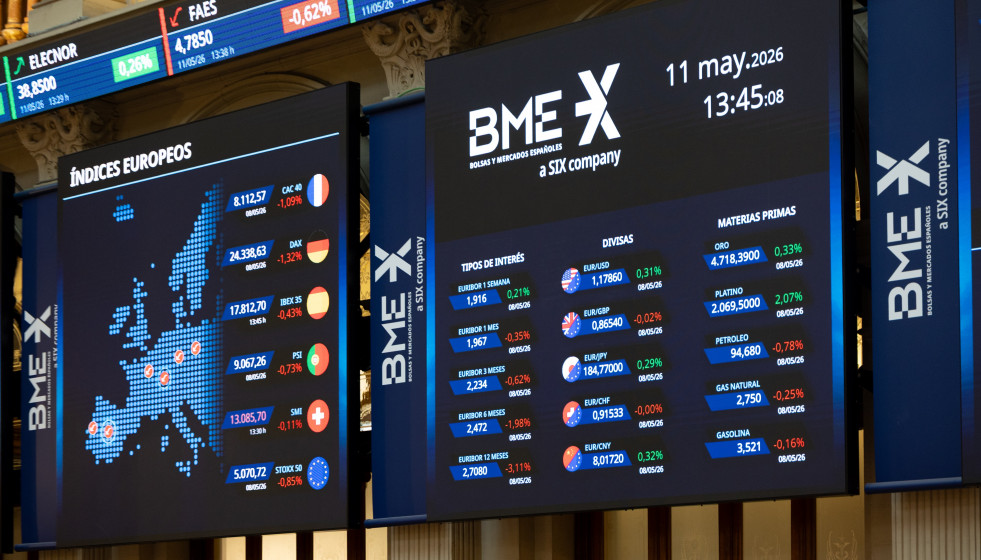 Paneles informativos en el Palacio de la Bolsa de Madrid, a 11 de mayo de 2026, en Madrid (España).