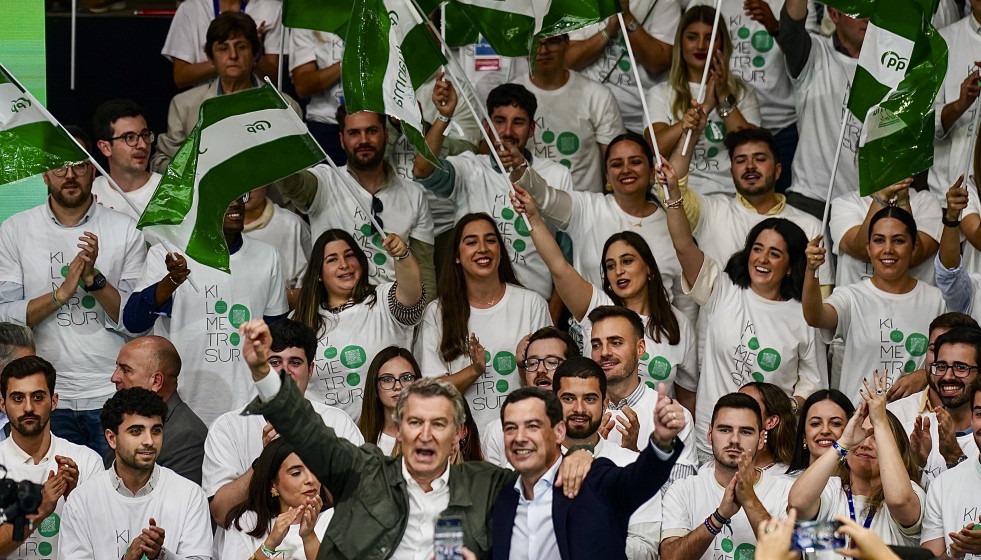 El presidente del PP de Andalucía y candidato a la reelección de la Presidencia de la Junta, Juanma Moreno, durante un acto de campaña. a 10 de mayo de 2026 en Málaga (Andalucía, España).