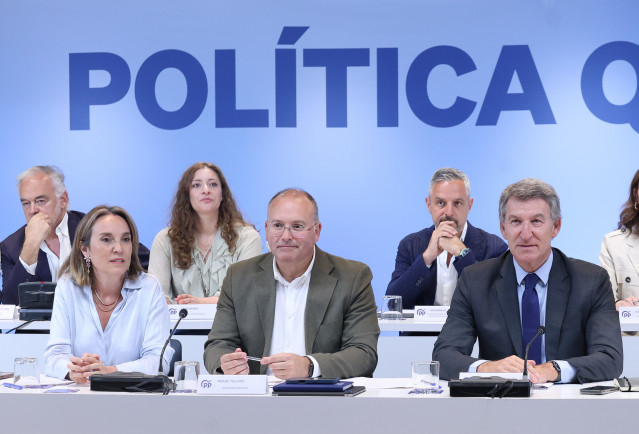 Archivo - La vicesecretaria de Regeneración Institucional del Partido Popular, Cuca Gamarra, el secretario general del PP, Miguel Tellado, y  presidente del PP, Alberto Núñez Feijóo, en la reunión del Comité Ejecutivo del partido, a 28 de julio de 2025, e