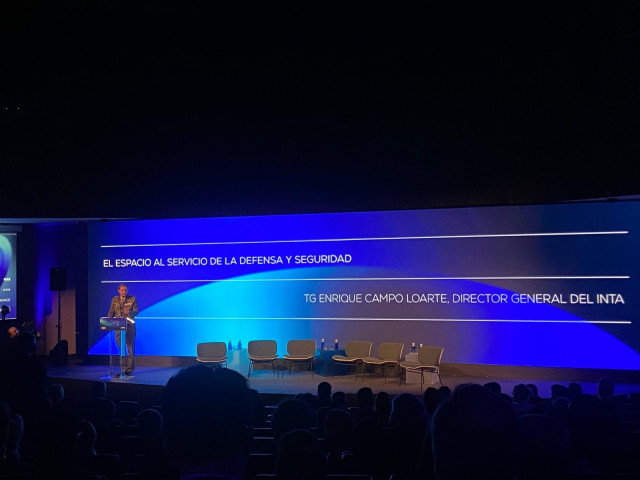 El director general del Instituto Nacional de Técnica Aeroespacial (INTA), teniente general Enrique Campo Loarte, en la primera jornada del Congreso del Espacio 2026, organizado por Tedae en el Auditorio Mutua Madrileña, a 19 de mayo de 2026, en Madrid.
