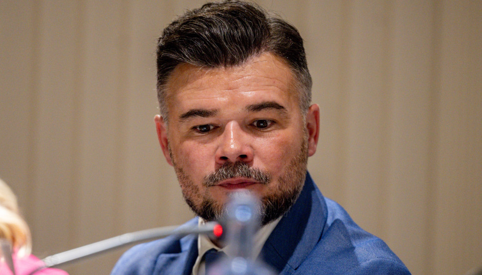 El portavoz de ERC en el Congreso, Gabriel Rufián, durante un coloquio organizado por el Club Siglo XXI, a 20 de mayo de 2026, en Madrid (España). l.