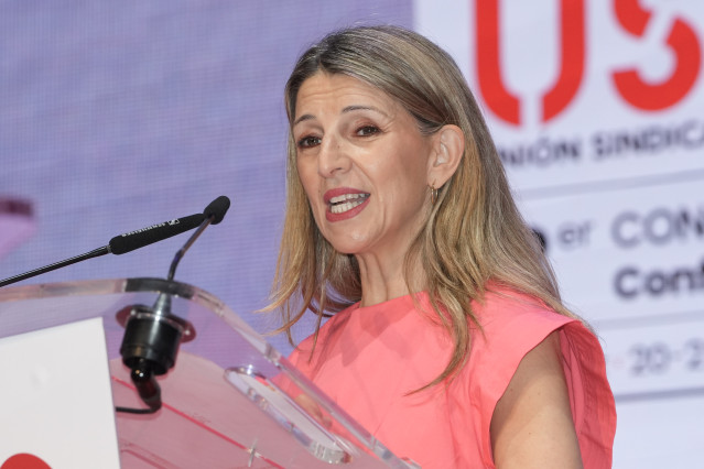La vicepresidenta segunda y ministra de Trabajo y Economía Social, Yolanda Díaz, durante la clausura del 13º Congreso Confederal de Unión Sindical Obrera (USO), en el Palacio de Congresos de Badajoz