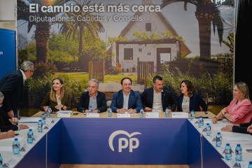 (I-D) La coordinadora de Política Provincial e Insual, Maribel Sánchez Torregrosa; el vicesecretario de Política Autonómica y Local del PP, Elías Bendodo; el president de la Generalitat Valencian