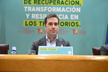 El vicepresidente primero y ministro de Economía Comercio y Empresa, Carlos Cuerpo, durante la jornada ‘Impacto del Plan de Recuperación, Transformación y Resiliencia en los territorios’, en el