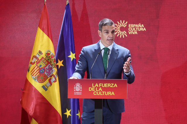El presidente del Gobierno, Pedro Sánchez, durante la presentación del Plan Nacional de Acción Cultural en el Exterior, en el Instituto Cervantes, a 29 de mayo de 2026, en Madrid (España).