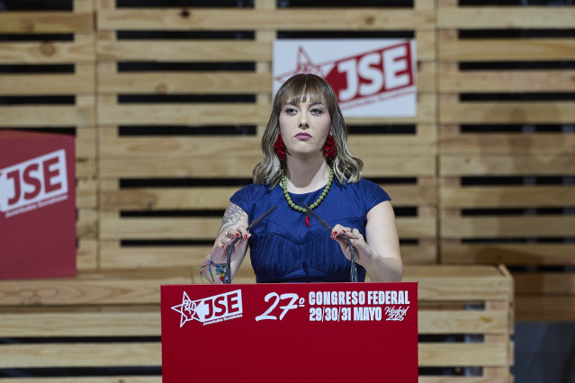 La secretaria general electa de Juventudes Socialistas de España (JSE), Aránzazu Figueroa, durante la clausura del 27º Congreso de JSE, en la sede UGT Madrid, a 31 de mayo de 2026, en Madrid (España). Esta cita con las Juventudes Socialistas de España sup