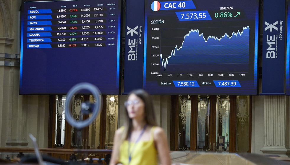 Archivo - Paneles del IBEX 35 en el Palacio de la Bolsa de Madrid, a 11 de julio de 2024, en Madrid (España).