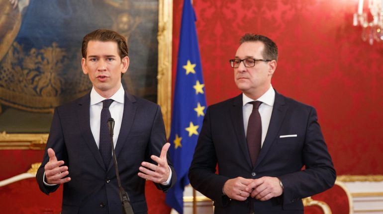 El lu00edder del Partido Popular, Sebastian Kurz, y el del FPu00d6, Heinz Christian Strache