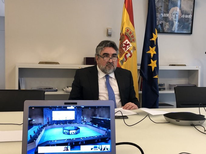 El ministro de Cultura y Deporte, José Manuel Rodríguez Uribes, durante la reunión telemática con los ministros de Deportes de la Unión Europea celebrada recientemente