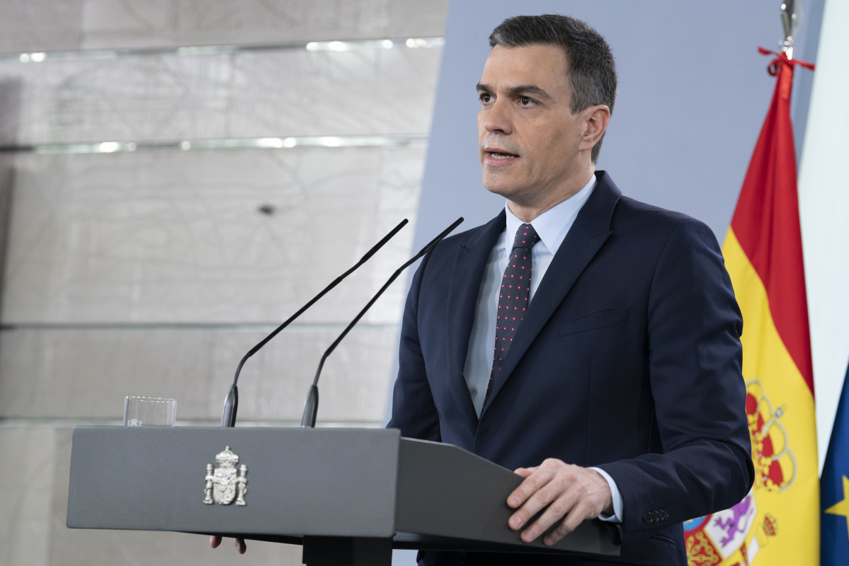 El presidente del Gobierno, Pedro Sánchez, durante la comparecencia para informar sobre el Covid-19 donde ha anunciado que volverá a pedir al Congreso una nueva prórroga del estado de alarma, la te