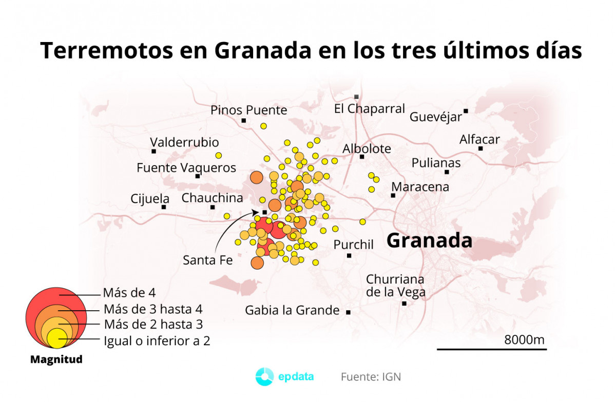 Mapa con terremotos registrados en Granada durante los últimos tres días a 27 de enero