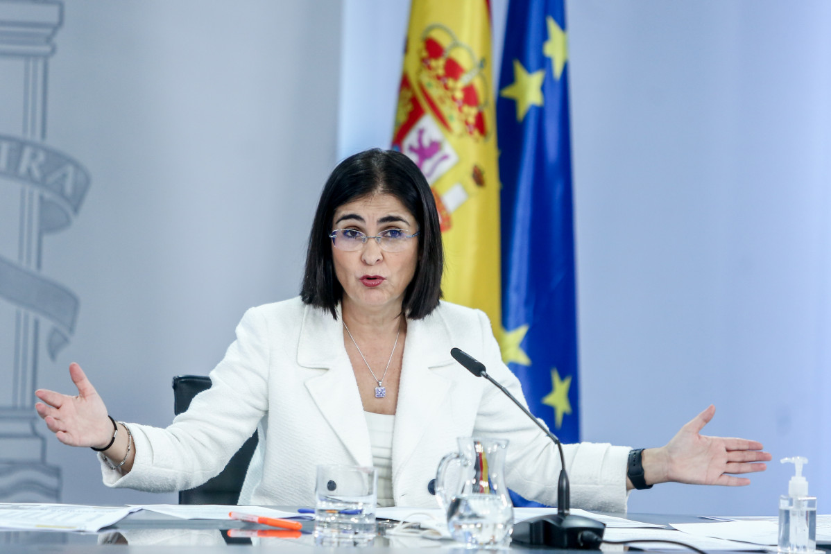 La ministra de Sanidad, Carolina Darias, comparece en una rueda de prensa posterior al Consejo de Ministros, en el Complejo de la Moncloa, a 23 de diciembre de 2021, en Madrid, (España). El presidente del Gobierno anunció ayer, miércoles 22 de diciembre,