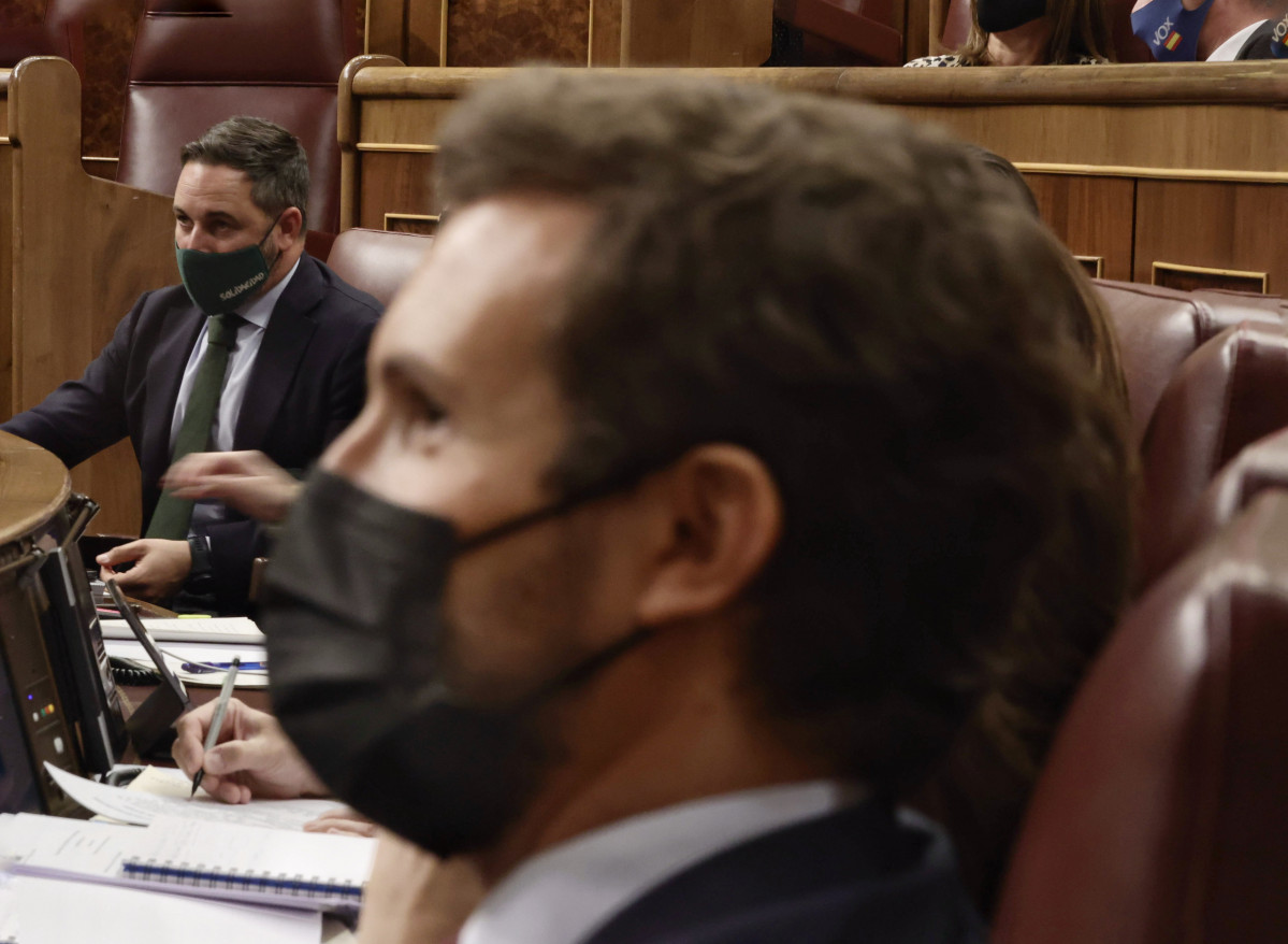 Archivo - El líder de Vox, Santiago Abascal (i), y el líder del PP, Pablo Casado, en una sesión plenaria en el Congreso de los Diputados